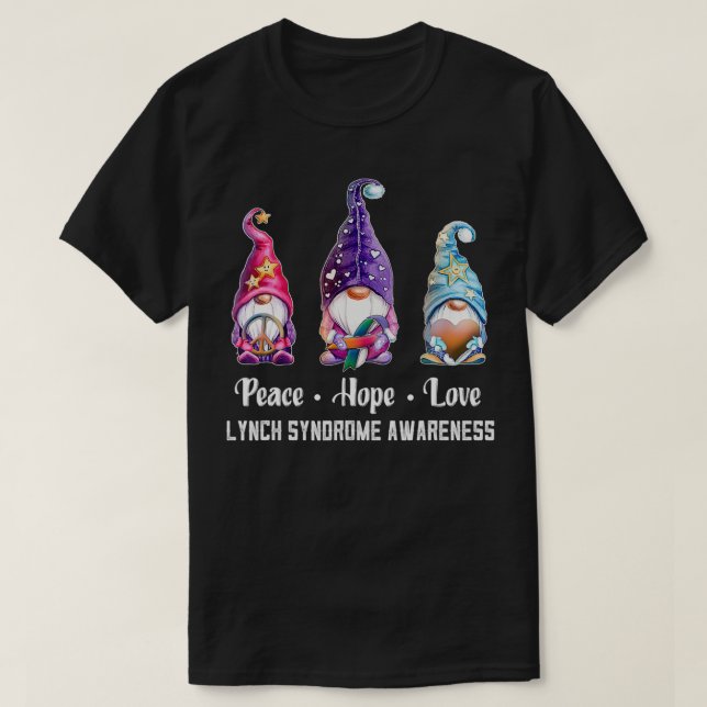 T-shirt Peace Hope Love Gnomes Lynch Syndrome Sensibilisat (Design devant)