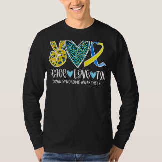 T-shirt Peace Love Cure Bleu & Jaune Ribbon Down Syndrome