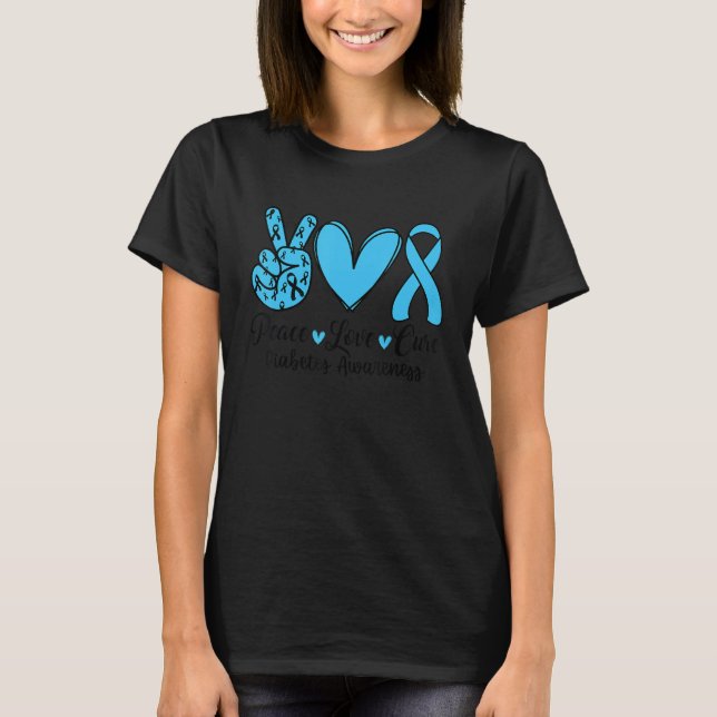 T-shirt Peace love cure bleu ruban diabète sensibilisation (Devant)