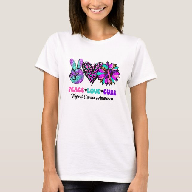 T-shirt Peace Love Cure Bleu Ruban Thyroïde Cancer (Devant)