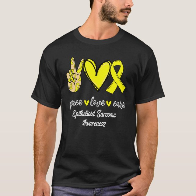 T-shirt Peace Love Cure Epithélioïde Sarcoma Ruban jaune (Devant)