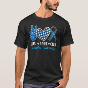 T-shirt Peace Love Cure Grey Blue Ribbon Prix du diabète