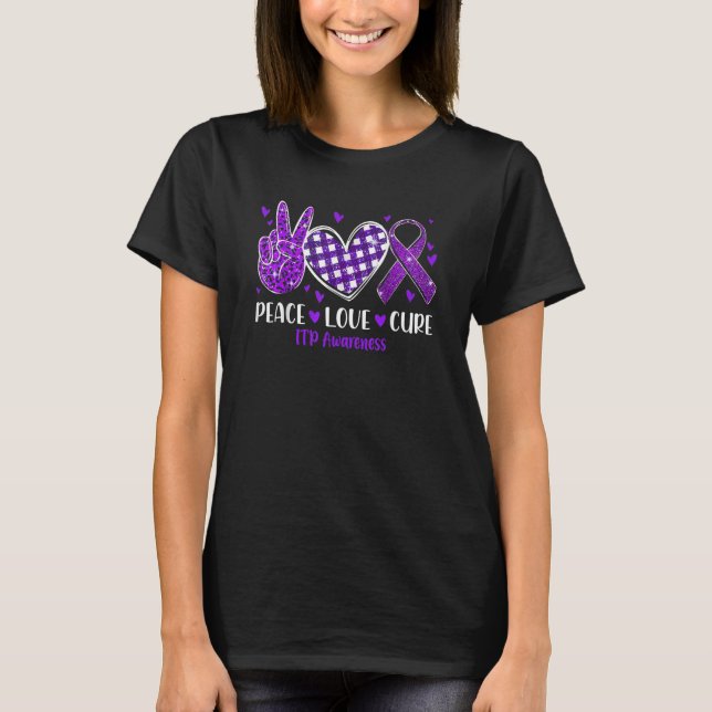 T-shirt Peace Love Cure ITP Sensibilisation Ribbon violet (Devant)