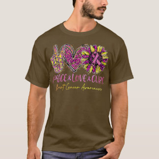 T-shirt Peace Love Cure Tournesol Leopard Pink Ribbon Brea