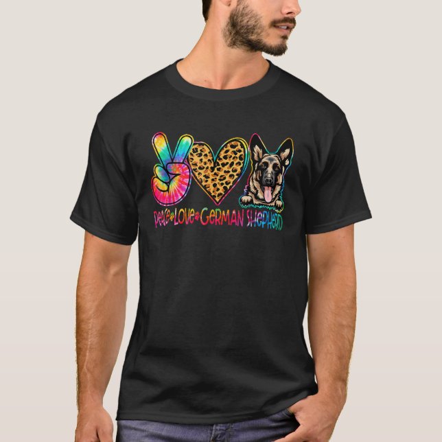 T-shirt Peace Love German Shepherd Tie Dye Dog Lover  (Devant)