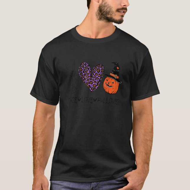 T-shirt Peace Love Halloween Citrouille Leopard Halloween  (Devant)