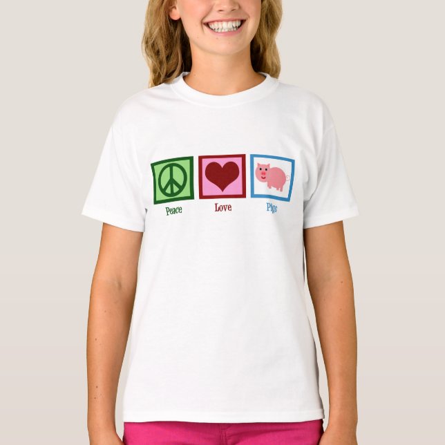 T-shirt Peace Love Pigs Cute Farm Girl (Devant)