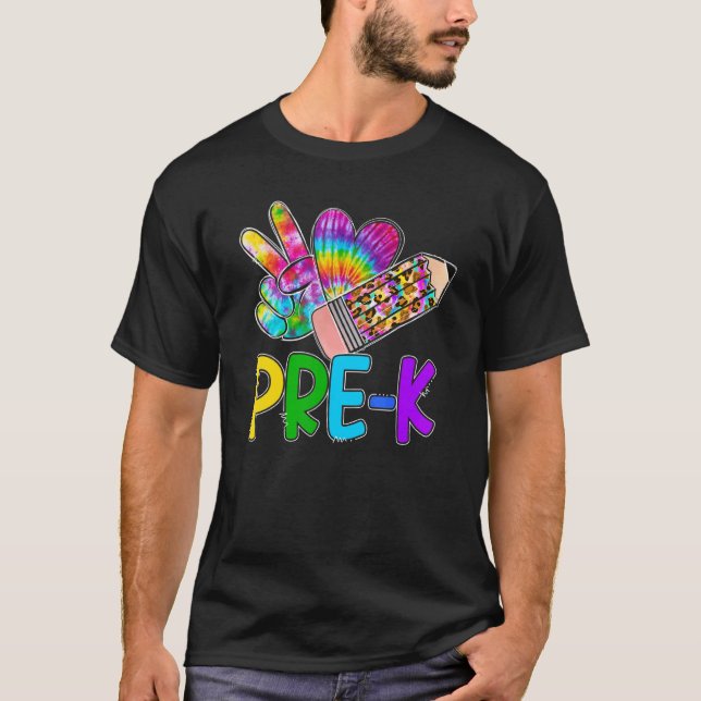 T-shirt Peace Love Pre K Tie Dye Leopard Pencil Premier jo (Devant)