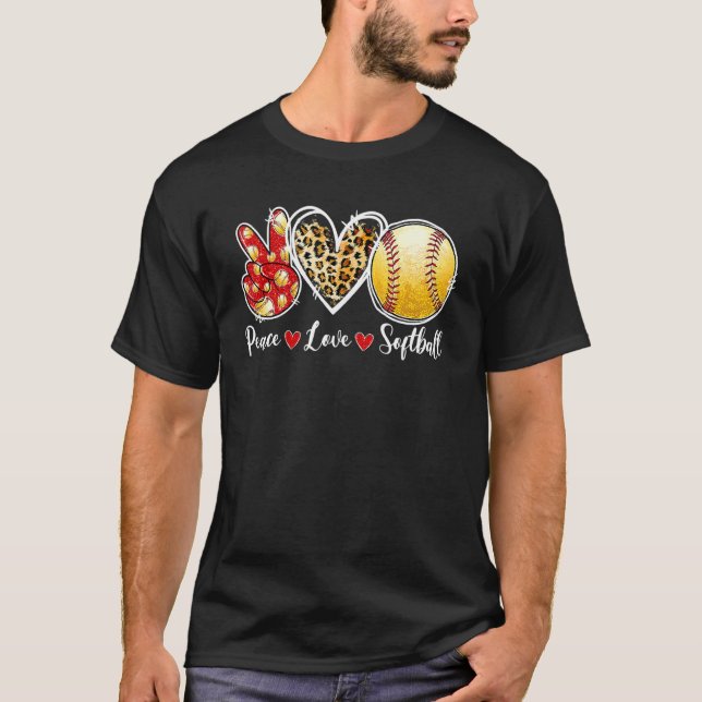 T-shirt Peace Love Softball Leopard Heart Day (Devant)