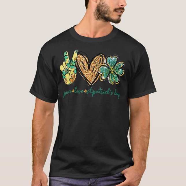 T-shirt Peace Love St Patrick Day Parties scintillant Hear (Devant)