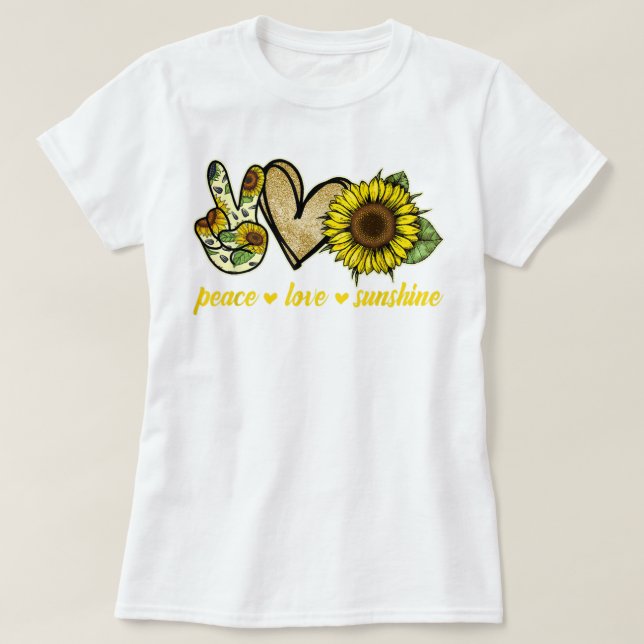T-shirt Peace Love Sunshine Gold Heart Sunflower (Design devant)