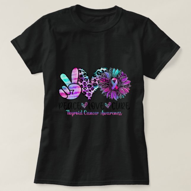 T-shirt Peace Love Tournesol Cure Purple Pink Ribbon Thyro (Design devant)