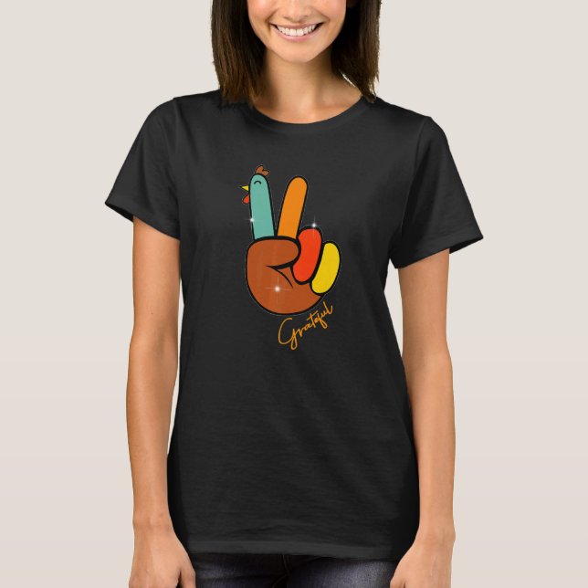 T-shirt Peace Love Turkey Grateful Turkey Hand Sign Thanks (Devant)