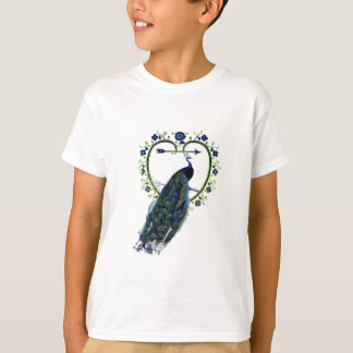 T-shirt Peacock étonnant et cadre de fleur de coeur orné