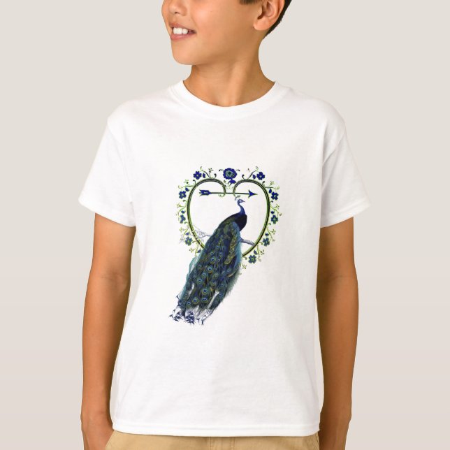 T-shirt Peacock étonnant et cadre de fleur de coeur orné (Devant)