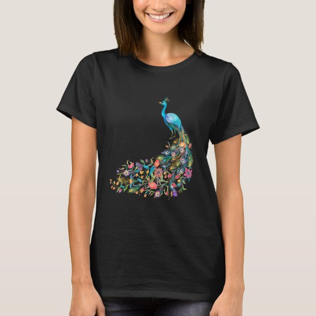 T-shirt Peacock Graphic Blue Teal Floral Tail Feathers Bir (Devant)