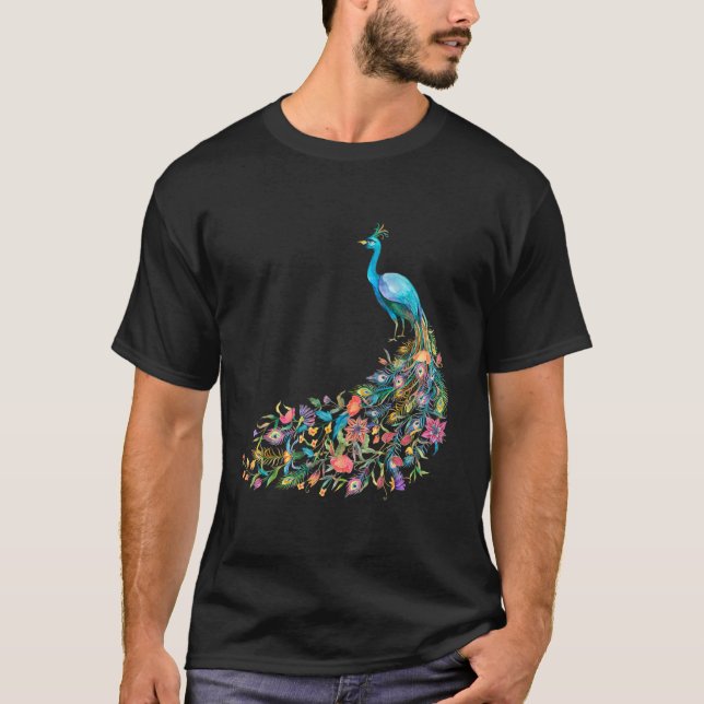 T-shirt Peacock Graphic Blue Teal Floral Tail Feathers Bir (Devant)