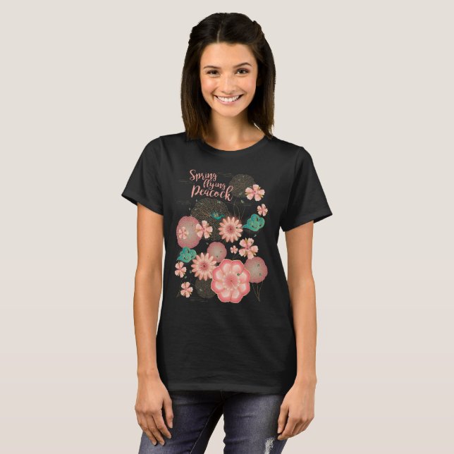T-shirt Pêche de printemps Jardin volant Peacock Ornement  (Devant entier)