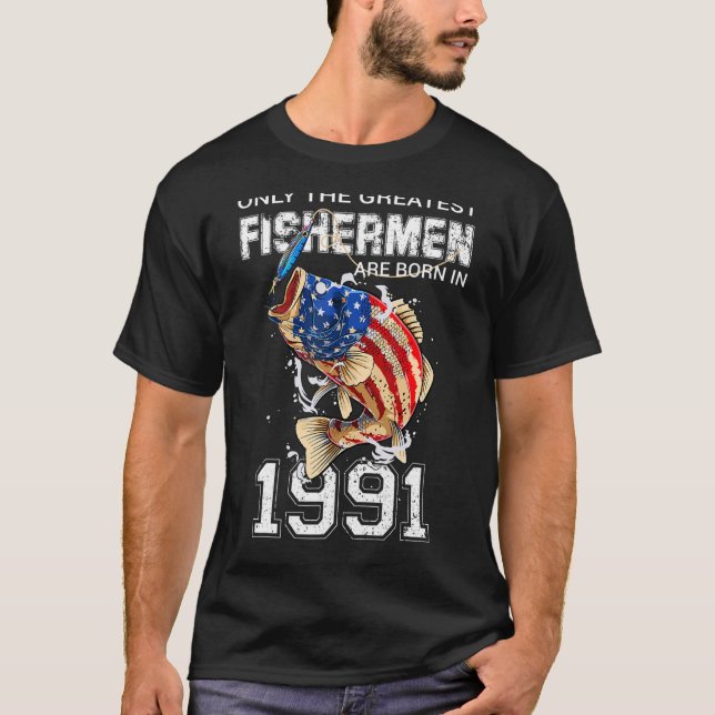 T-shirt Pêcheurs Nés En 1991 Pêche US Drapeau 31st Bi (Devant)