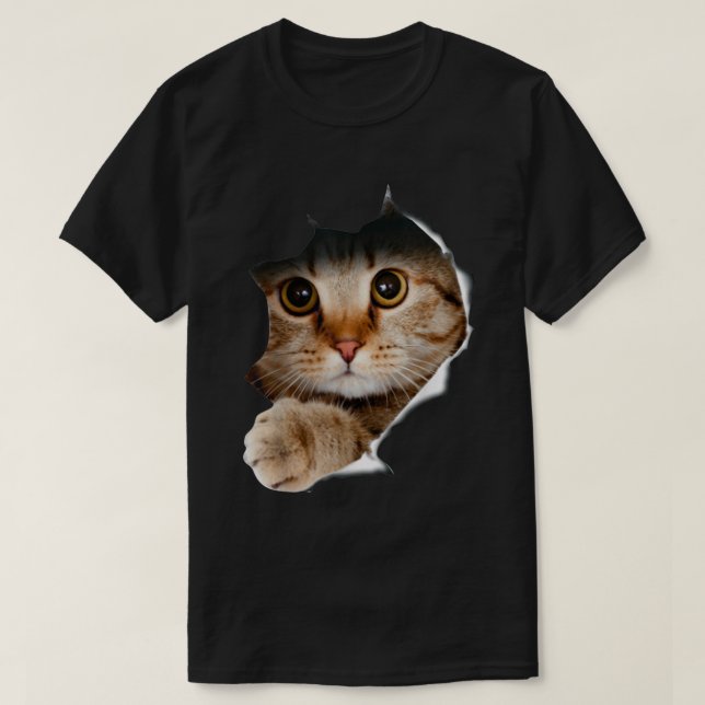 T-shirt Peekaboo Cat Torn Fabric 3D Realistic Art (Design devant)