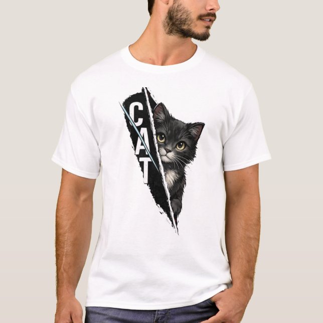 T-shirt Peeking Cat Graphic Design – Modern Artistic Cat I (Devant)