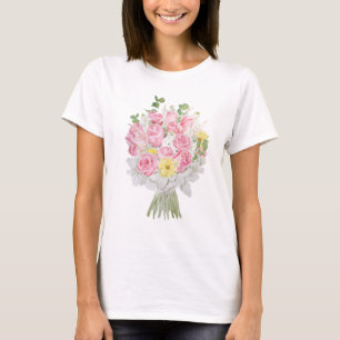 T-shirt peint à la main Bouquet rose et marguerite jaune