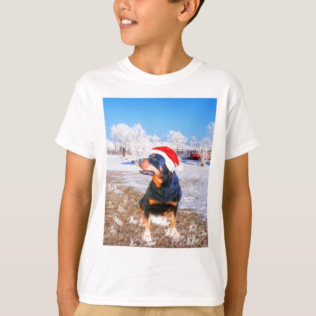 T-shirt Peinture de Noël de chien Rottweiler (Devant)
