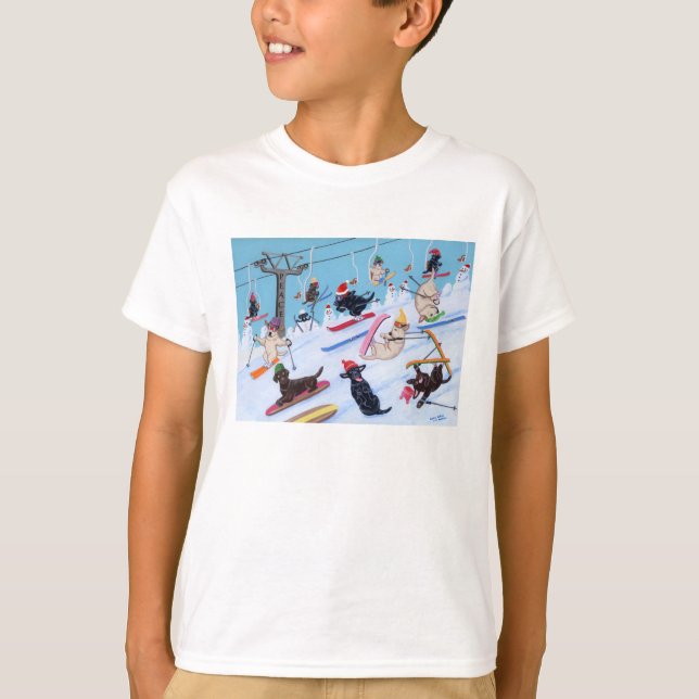T-shirt Peinture de ski de Labradors d'amusement d'hiver (Devant)