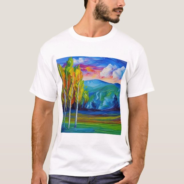 T-shirt Peinture des arbres verts montagnes bleues (Devant)