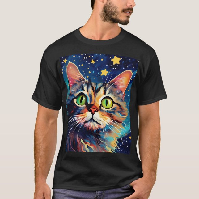 T-shirt Peinture d'un chat aux yeux verts avec étoiles (Devant)