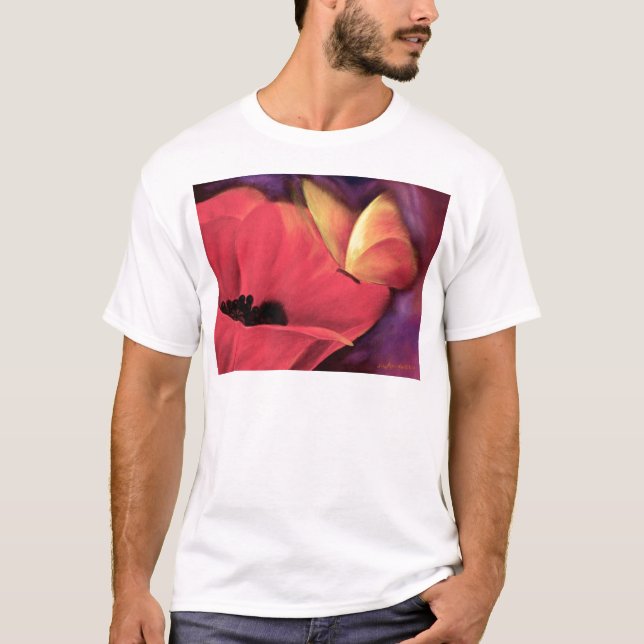 T-shirt Peinture florale d'art rouge de pavot de papillon (Devant)