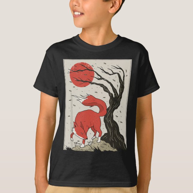 T-shirt Peinture Japonaise Du Renard, De L'Arbre Et Du Sol (Devant)