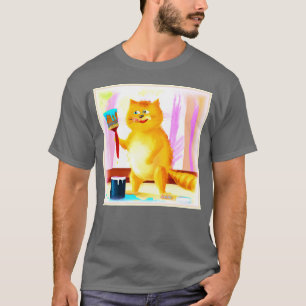 T-shirt Peinture Mignonne D'Un Chat Tenant Une Brosse. Com
