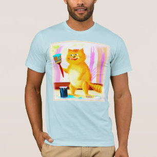 T-shirt Peinture Mignonne D'Un Chat Tenant Une Brosse. Com