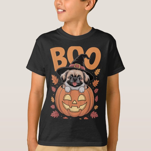 T-shirt Peke Costume On Pumpkin Halloween Pekingese  (Devant)