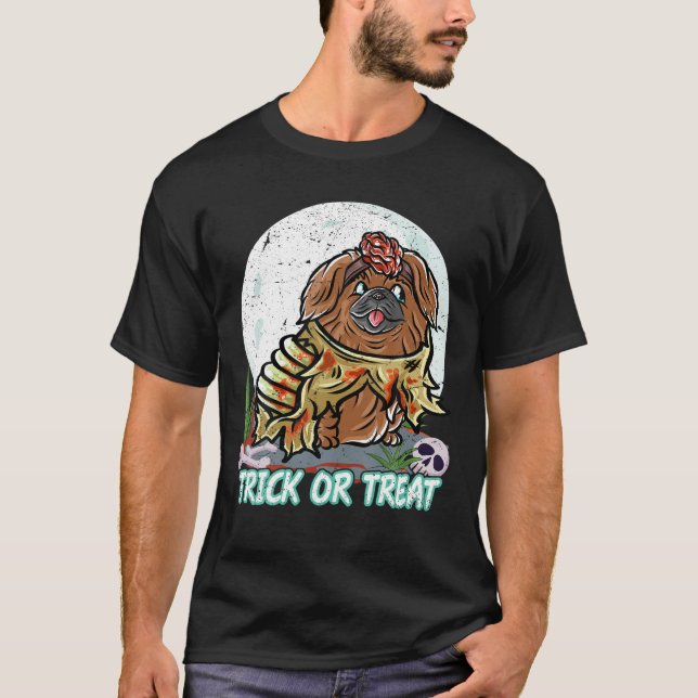 T-shirt Pekingese Happy Halloween Costume Zombie (Devant)
