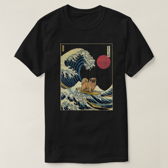 T-shirt Pekingese Japonais Kanagawa Vague Surf drôle Chien (Design devant)