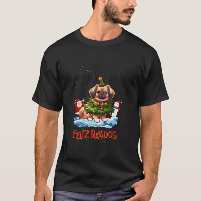 T-shirt Pekingese Joyeux sapin de Noël éclaire Chien X Mas (Devant)