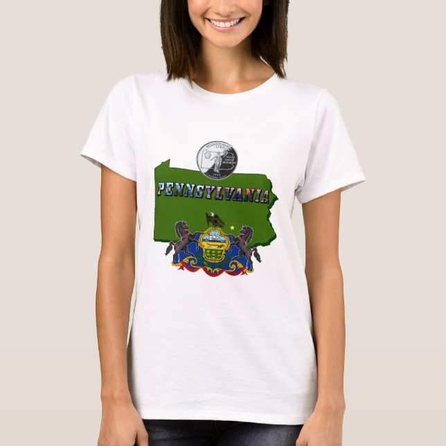 T-shirt Pennsylvanie Carte, trimestre, drapeau et texte de (Devant)