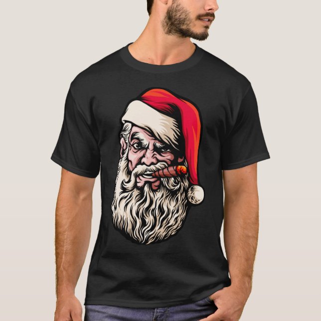 T-shirt Père Noël Beard Cigars Drôle fumée pause Noël (Devant)