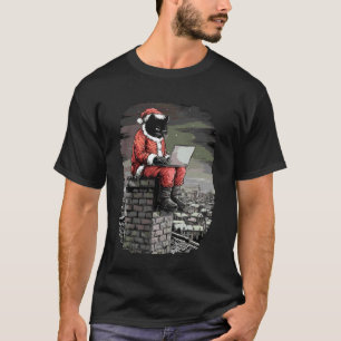 T-shirt Père Noël Chat Drôle sur Cheminée avec Ordinateur