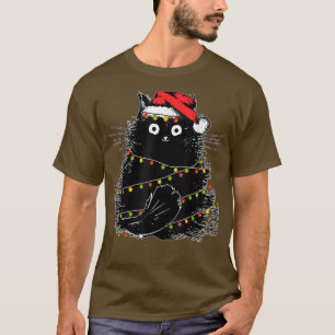 T-shirt Père Noël Chat Noir Tangé Dans La Lumière De L'Arb
