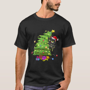 T-shirt Père Noël Chat Noir Tangé Dans La Lumière De L'Arb