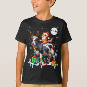 T-shirt Père Noël Chat Riding Reindeer Vache Noël Lumières