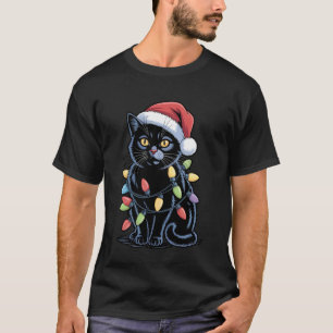 T-shirt Père Noël drôle Chat Noir Lumières de Noël Femmes
