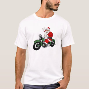 T-shirt Père Noël drôle sur une vieille moto verte vintage