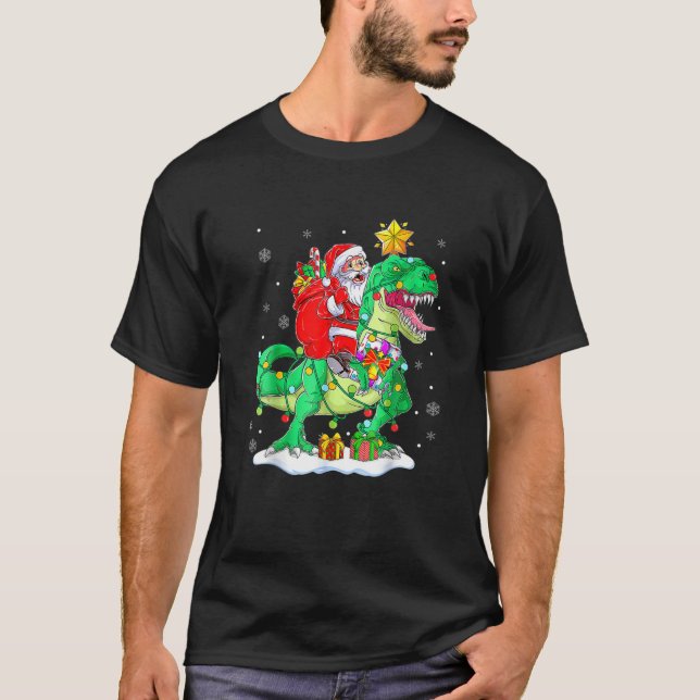 T-shirt Père Noël équitation Dinosaur T Rex Christmas Boys (Devant)