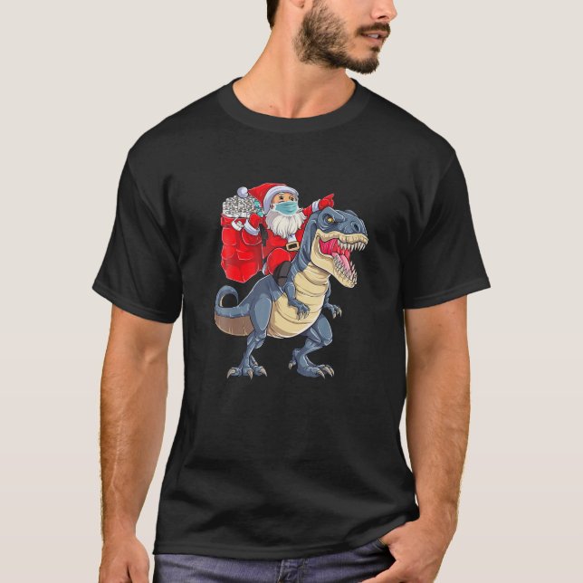 T-shirt Père Noël équitation Dinosaur T Rex Noël Père Noël (Devant)