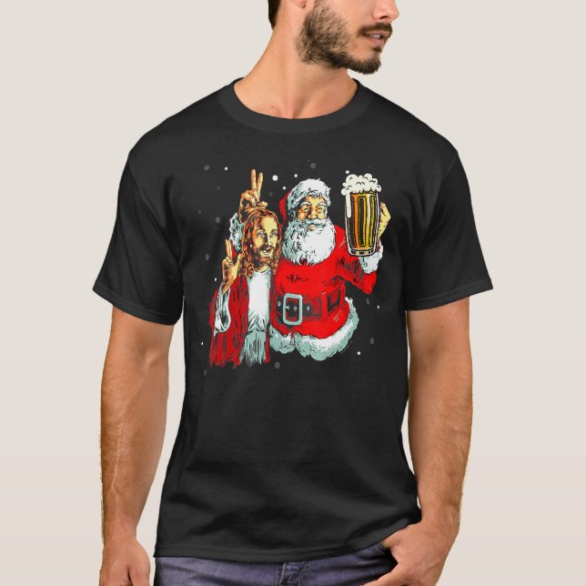 T-shirt Père Noël Et Jésus Drôle Bière De Noël Boire Pour (Devant)
