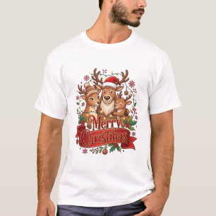 T-shirt Père Noël Famille Renne Chapeau Lumières Joyeux No
